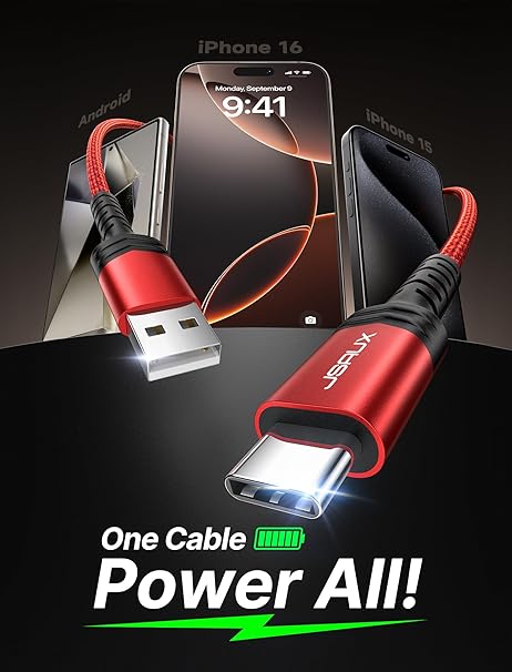 2 Pack USB A to USB C Fast Charging Cable 6.6FT for iPhone 17 16 15 Samsung Galaxy CarPlay Red