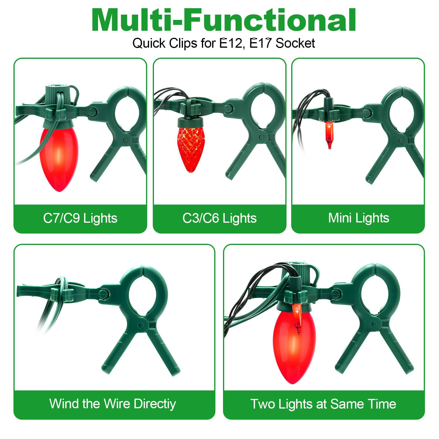 C7 C9 Christmas Lights Spring Clips, 100 Count Holiday Lights Quick Spring Clips, Shatterproof Shingle And Gutter Clips For E12, E17Socket, Rope Lights Roofline Fence Railing Christmas Trees (50)
