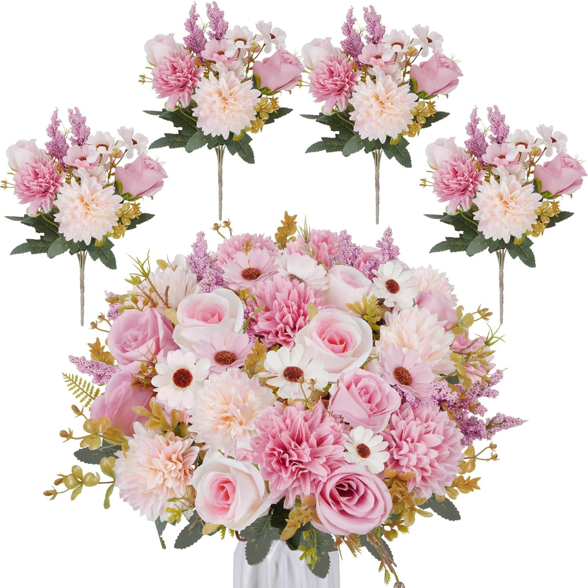 4 Pcs Pink Flowers Artificial With Chrysanthemum Flowers Fake Roses Bouquet Silk Flower Arrangements For Home Decor Wedding Party Table Centerpieces Decoration Indoor Outdoor