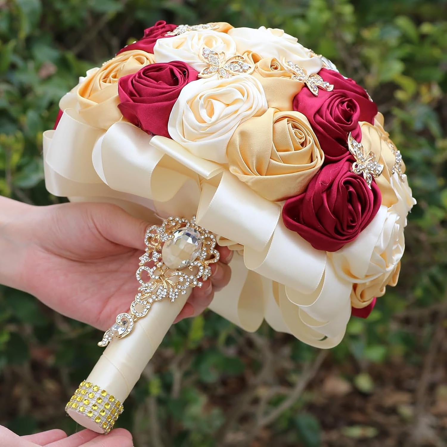 Handmade Floral Satin Rose Butterfly Shape Rhinestone Bridal Bouquet Luxury Golden Rhinestone Artificial Flowers For Wedding