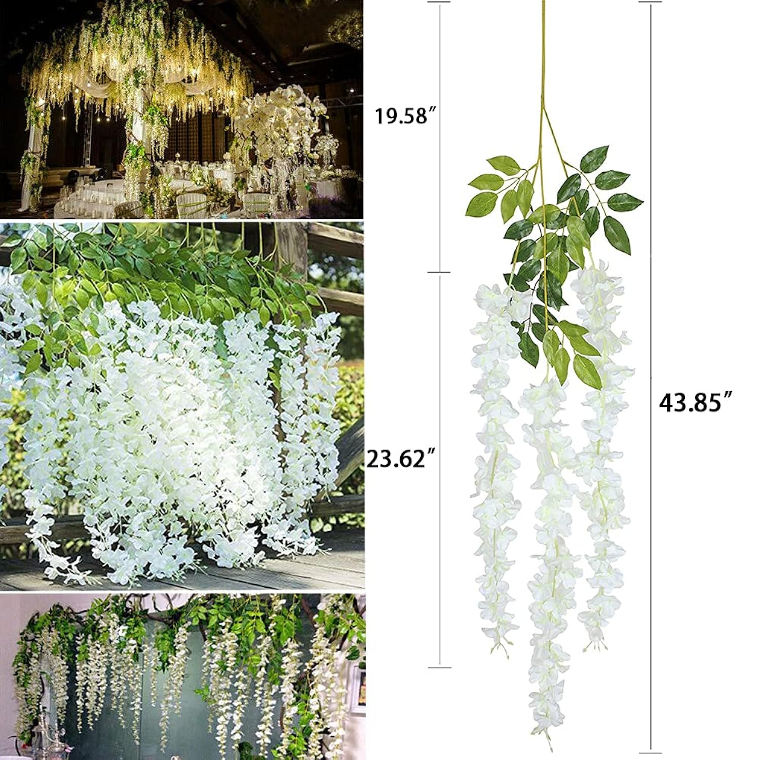 Fake Hanging Flowers - 24 Pieces 3.75 Feet/Piece Artificial Wisteria Vine Ratta Hanging Garland Silk Flowers For Home Party Wedding Decor (White-24Pcs)