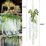 Fake Hanging Flowers - 24 Pieces 3.75 Feet/Piece Artificial Wisteria Vine Ratta Hanging Garland Silk Flowers For Home Party Wedding Decor (White-24Pcs)
