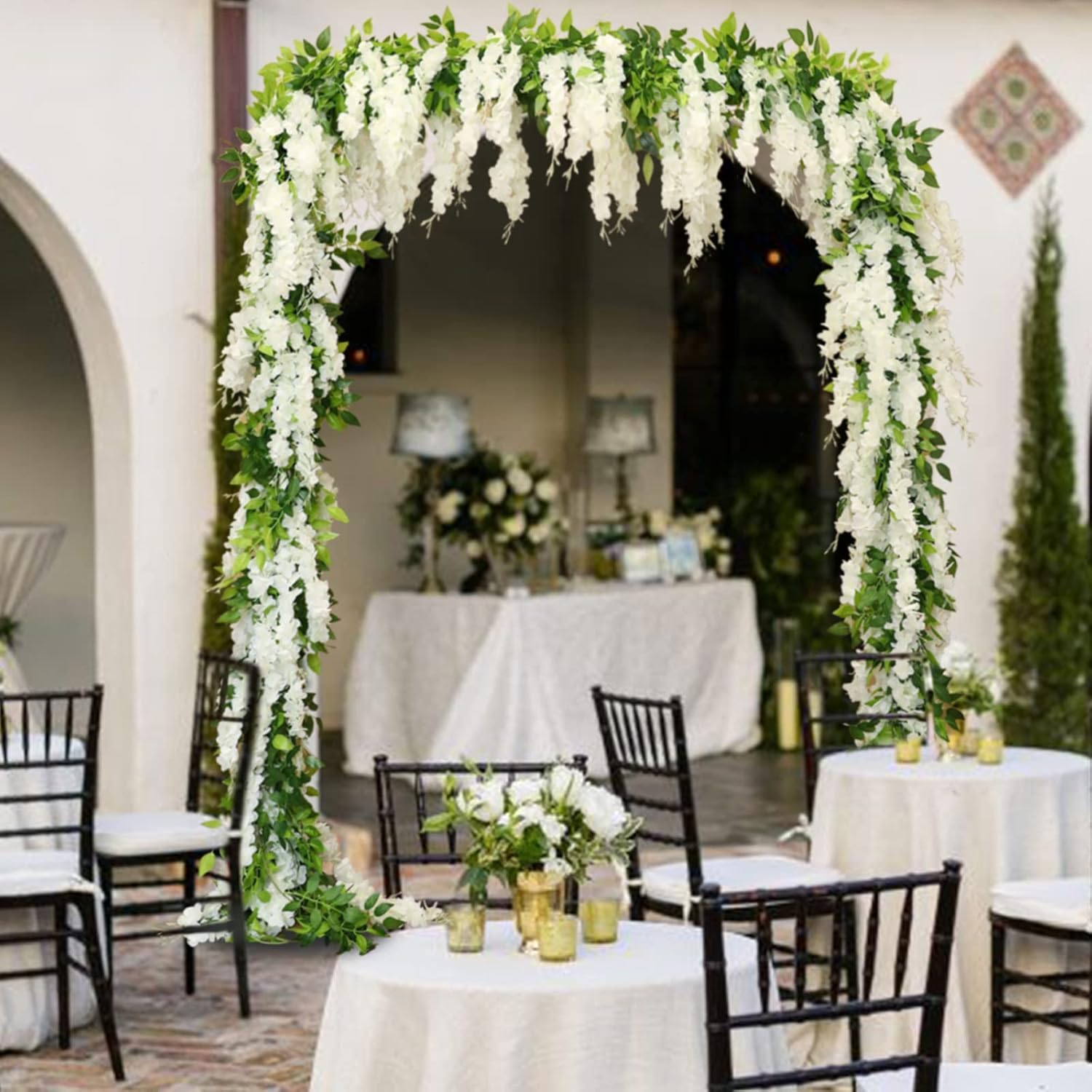 Wisteria Artificial Flowers Garland, 4Pcs 7.2Ft/Piece Silk Fake Wisteria Vine Kit, Hanging Flower For House Outdoor Garden Ceremony Outside Wedding Arch Floral Decor (4, White)