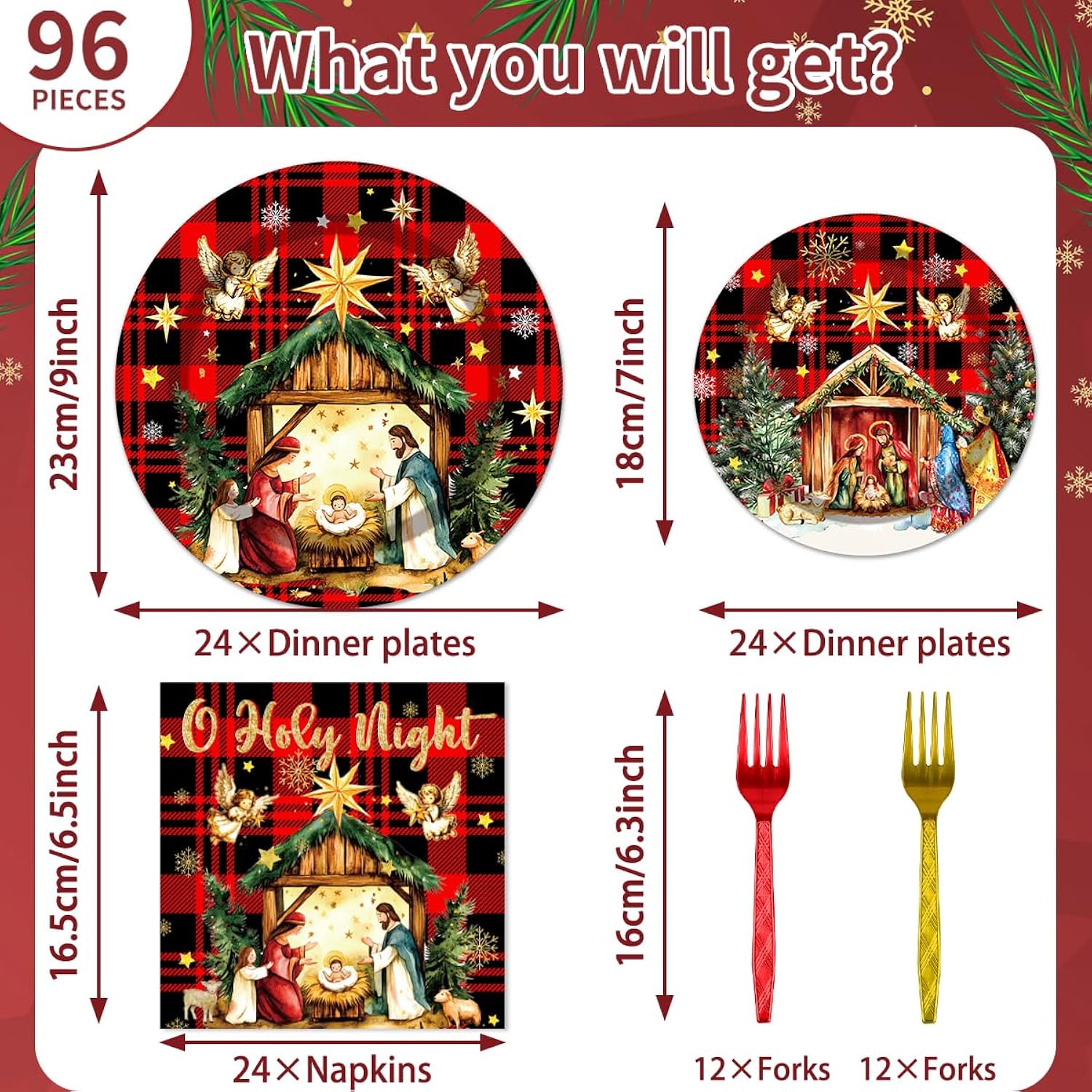 96Pcs Happy Birthday Jesus Decorations Disposable Tableware Set - O Holy Night Jesus Paper Plates Napkins Forks Christmas Jesus Birthday Party Supplies Serve 24 Guests