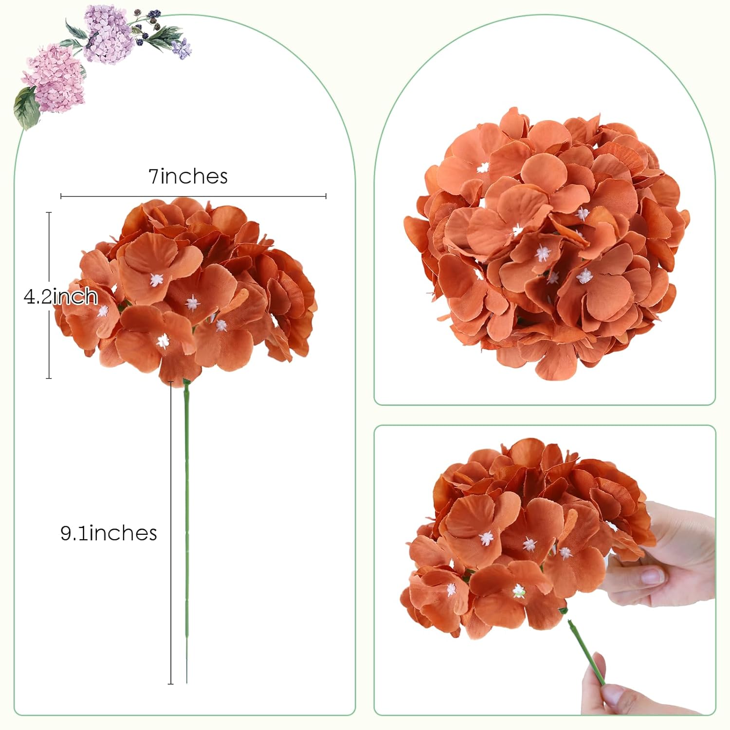 Burnt Orange Artificial Flowers Fake Hydrangeas Flowers Heads 10Pcs Full Hydrangea Silk Flowers With Stems For Fall Wedding Home Party Shop Baby Shower Decoration