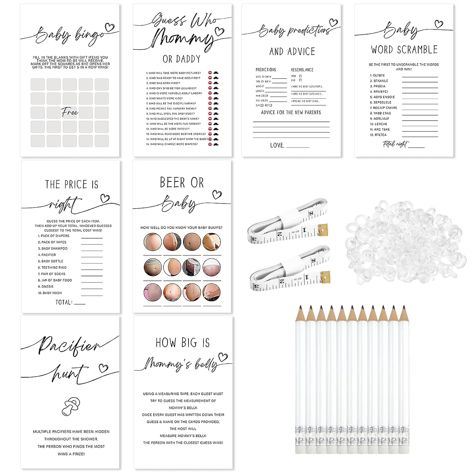 279 Pcs Simple White Baby Shower Games Set For 50 Guest, 8 Games Include Baby Shower, Guess Mommy Or Daddy, Word Scramble, How Big Is Mommys Belly, Pacifier Hunt, Fun And Easy To Play