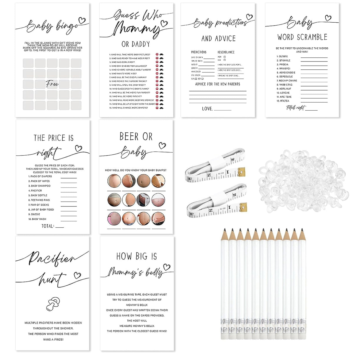 279 Pcs Simple White Baby Shower Games Set For 50 Guest, 8 Games Include Baby Shower, Guess Mommy Or Daddy, Word Scramble, How Big Is Mommys Belly, Pacifier Hunt, Fun And Easy To Play