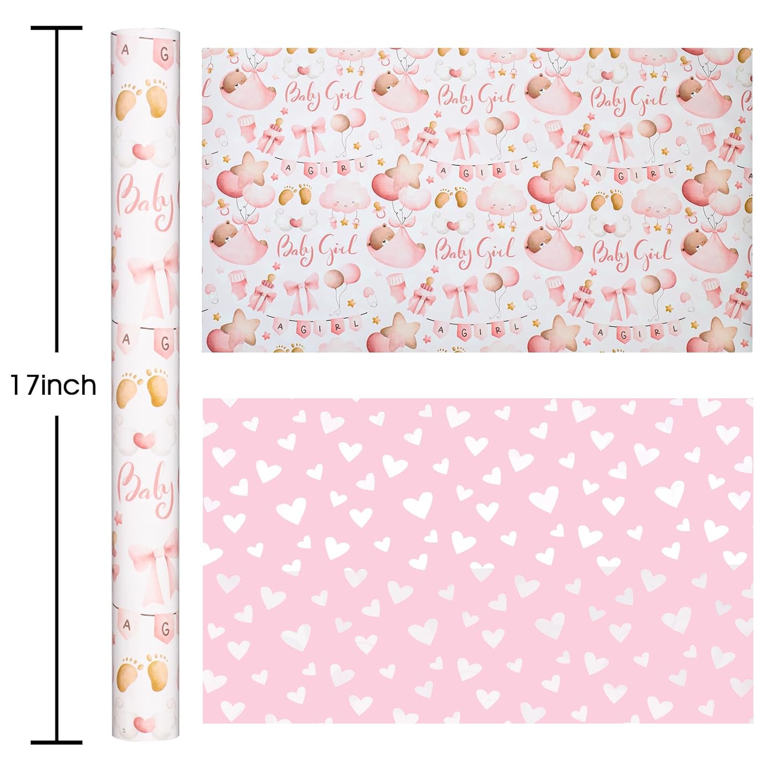 Pink Baby Wrapping Paper, Kid Gift Wrapping Papers, Adorable Pink Bear, Cloud, Balloon And Bow Pattern Baby Shower Wrapping Paper For Girl 1St Birthday, Party Celebrations(17 In X 33 Ft)