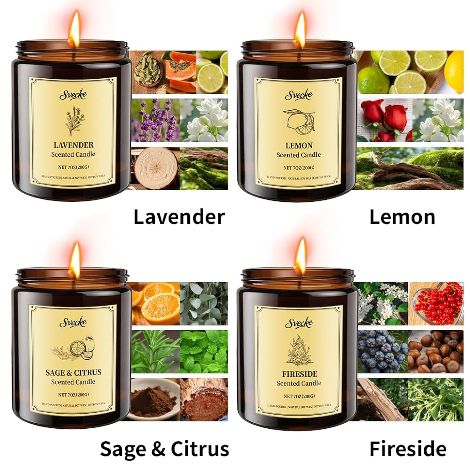 4 Pack 28Oz Scented Candles, Soy Wax Jar Candles, Lemon, Lavender, Sage & Citrus, Fireside, Scented Candles For Home, Fall Candles For Women, Men, Candle Gift Set
