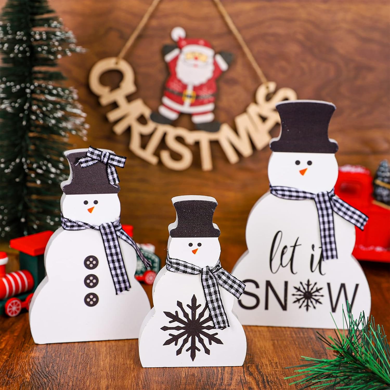 3Pcs Christmas Snowman Wooden Decorations Black White Wood Centerpiece With Plaid Ribbon Xmas Tiered Tray Decor Rustic Blocks For Home Mantel Fireplace Tabletop