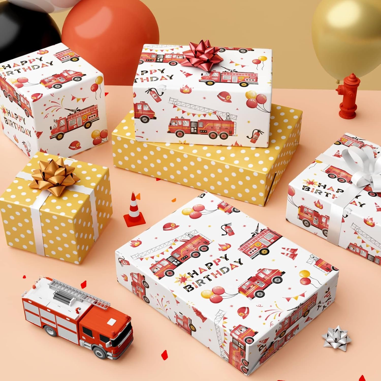 Fire Truck Birthday Wrapping Paper - 1 Roll 17”X 33Ft Truck Cars Gift Wrap Supply Happy Birthday Wrapping Paper For Kids Baby Boy Shower Party Favor