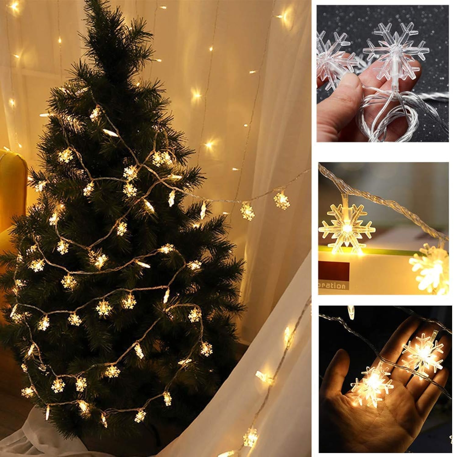 Snowflake Plug In String Lights, 10Ft 20 Led Fairy String Lights Warm White For Christmas Party Home Indoor Outdoor Deco