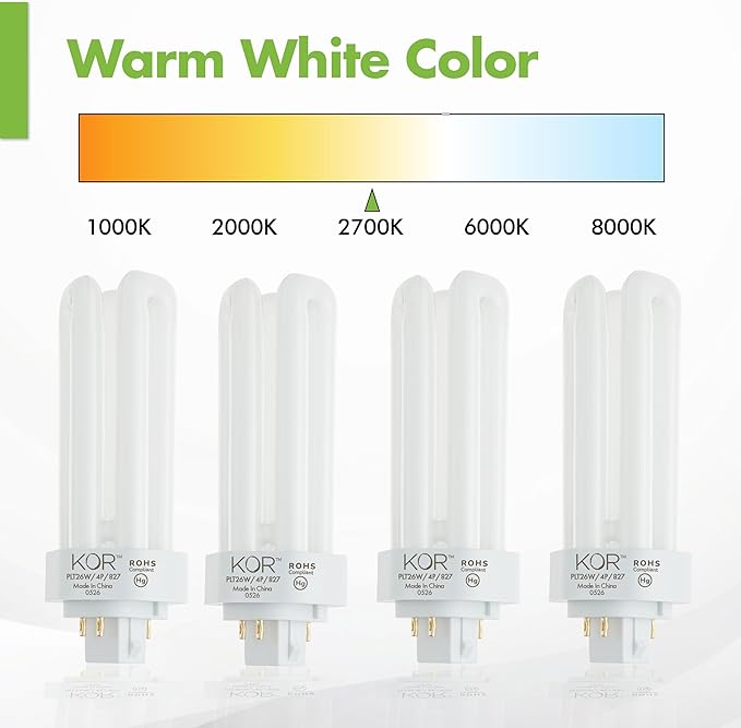 26W CFL Plug-In Bulbs GX24Q-3 4-Pin Base 2700K Warm White Triple Tube Replacement 4 Pack