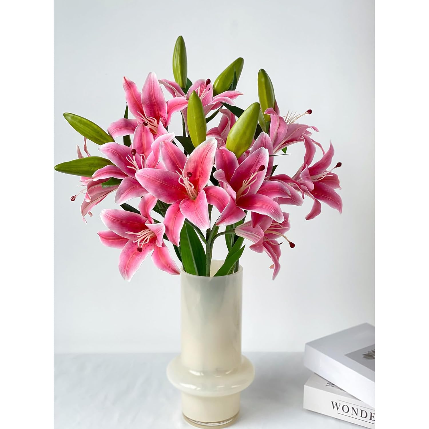 Ruzuqe 2 Pcs 28'' Deep Pink Lily Artificial Flowers Fake Real Touch Lilies 3 Heads Buds Faux Flora For Indoor Home Decor Outdoor Party Easter Lily Flower Table Centerpiece