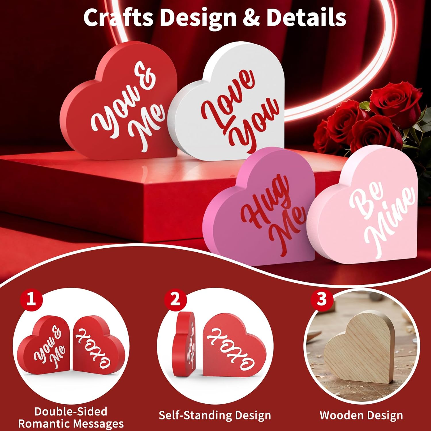 Valentines Day Decorations, 4 Pcs Double Printed Wooden Conversation Hearts Decoration, Romantic Valentines Day Decor For Indoor Home Office Table Tiered Tray Mantel Shelf Bedroom
