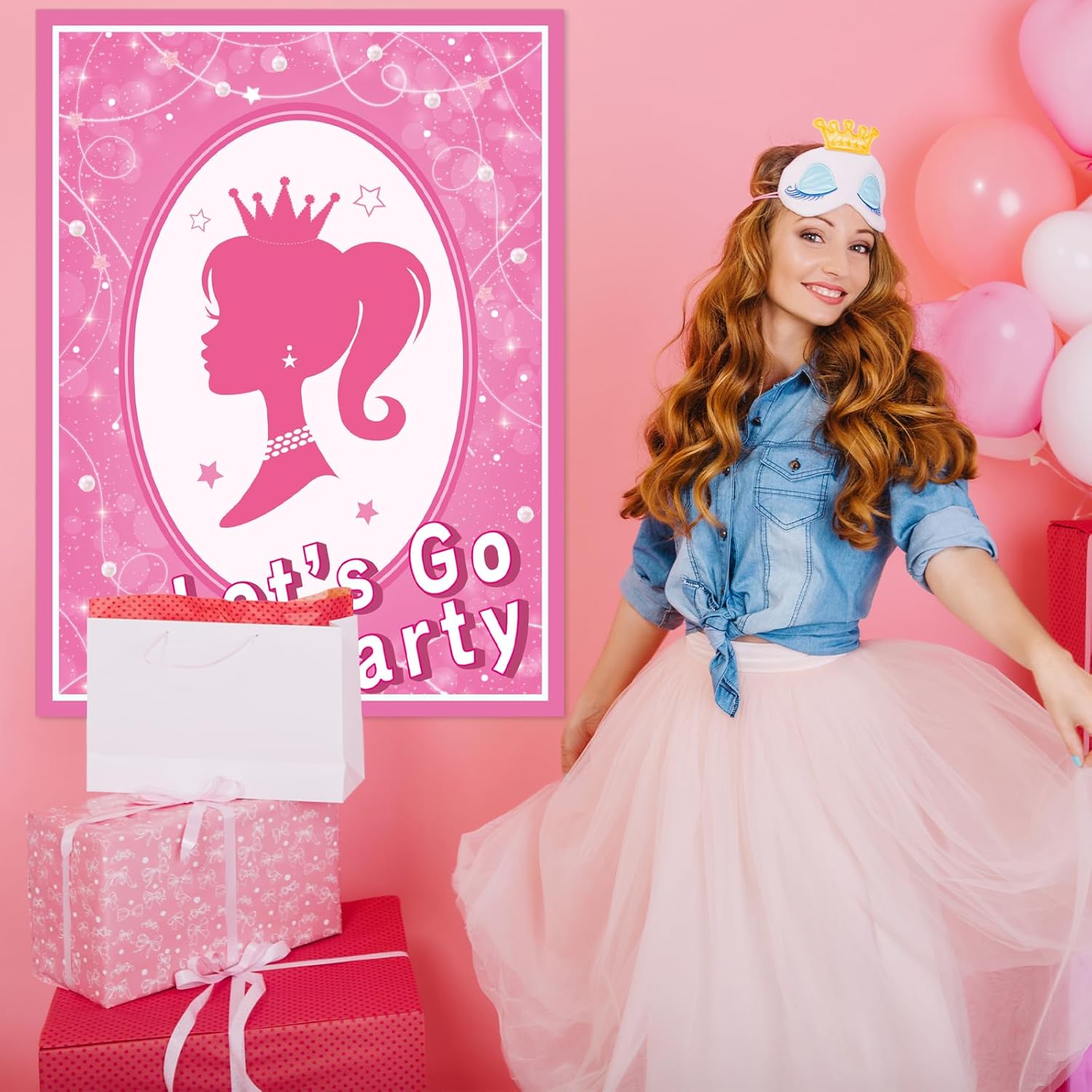 Pin The Crown On The Princess Party Game, Pink Girl Party Game, Large Poster With 36 Pcs Bow Stickers Favors For Girls Princess Birthday Party Supplies