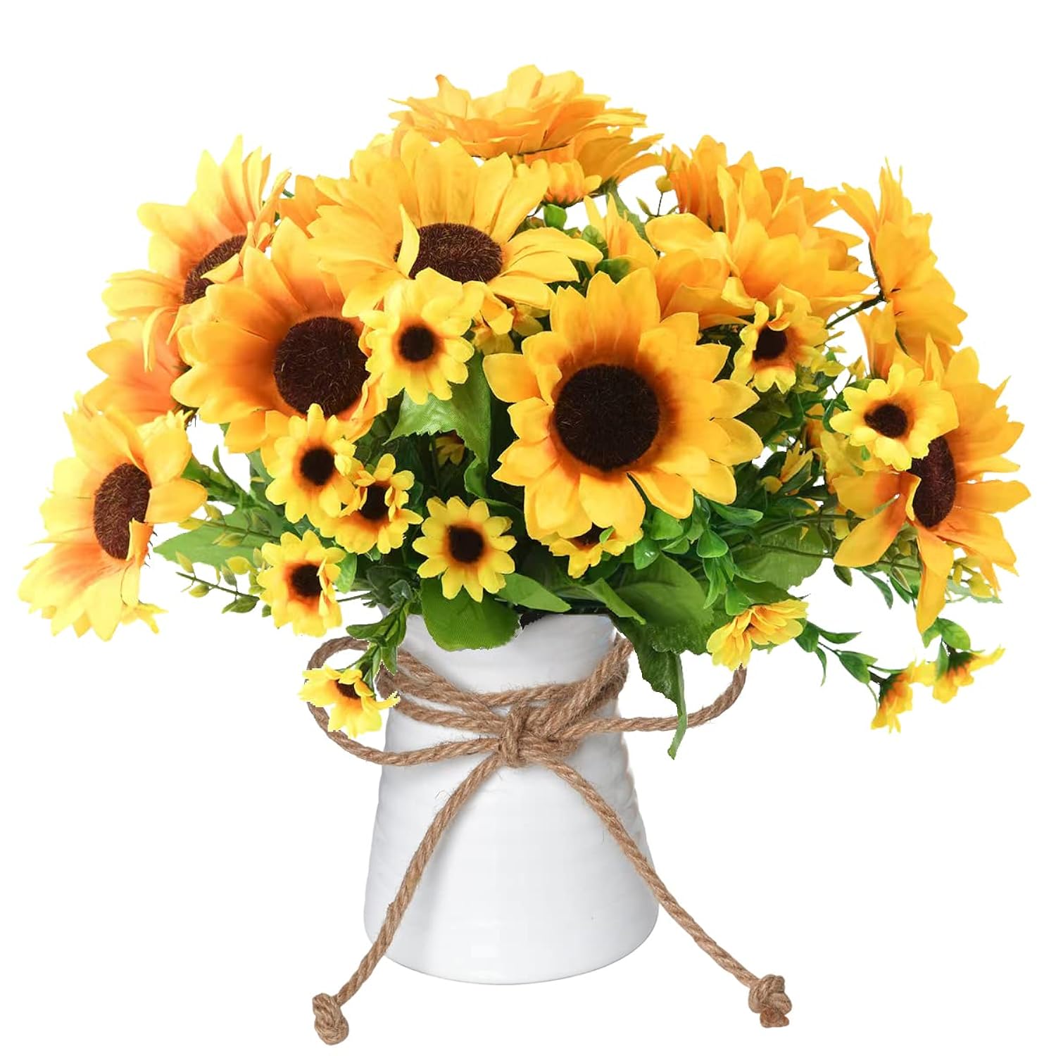 Artificial Flowers In Vase, 5 Branches Fake Sunflowers Bouquet Ceramics Vase, Silk Flower Arrangements Table Centerpieces Wedding Bouquets For Office Meeting Home Décor(Yellow Sunflower)