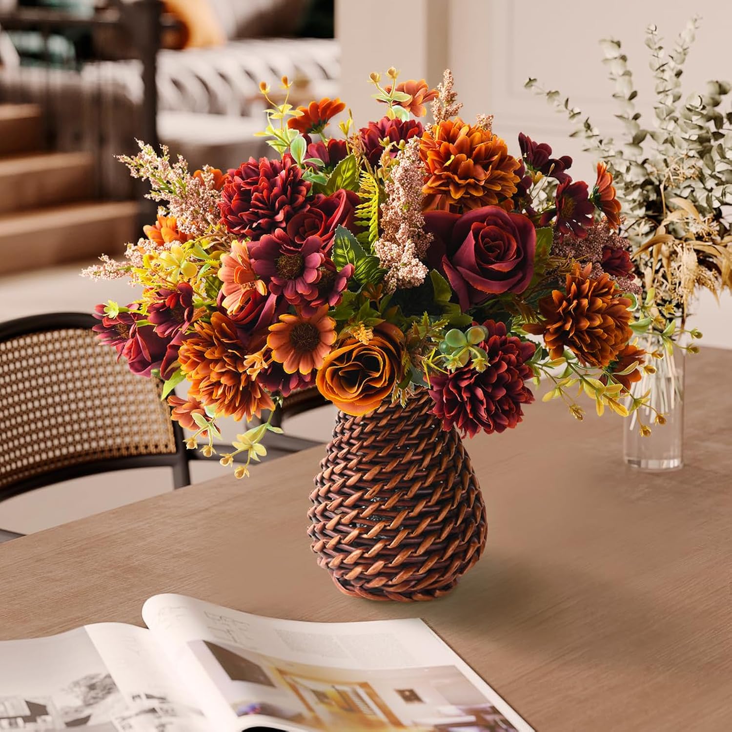 Artificial Faux Flowers In Vase, Fake Silk Floral Arrangements Rose Bouquets With Handmade Rattan Vase, Farmhouse Table Decorations Centerpieces For Dinning Room Kitchen Office Desktop (Brown)