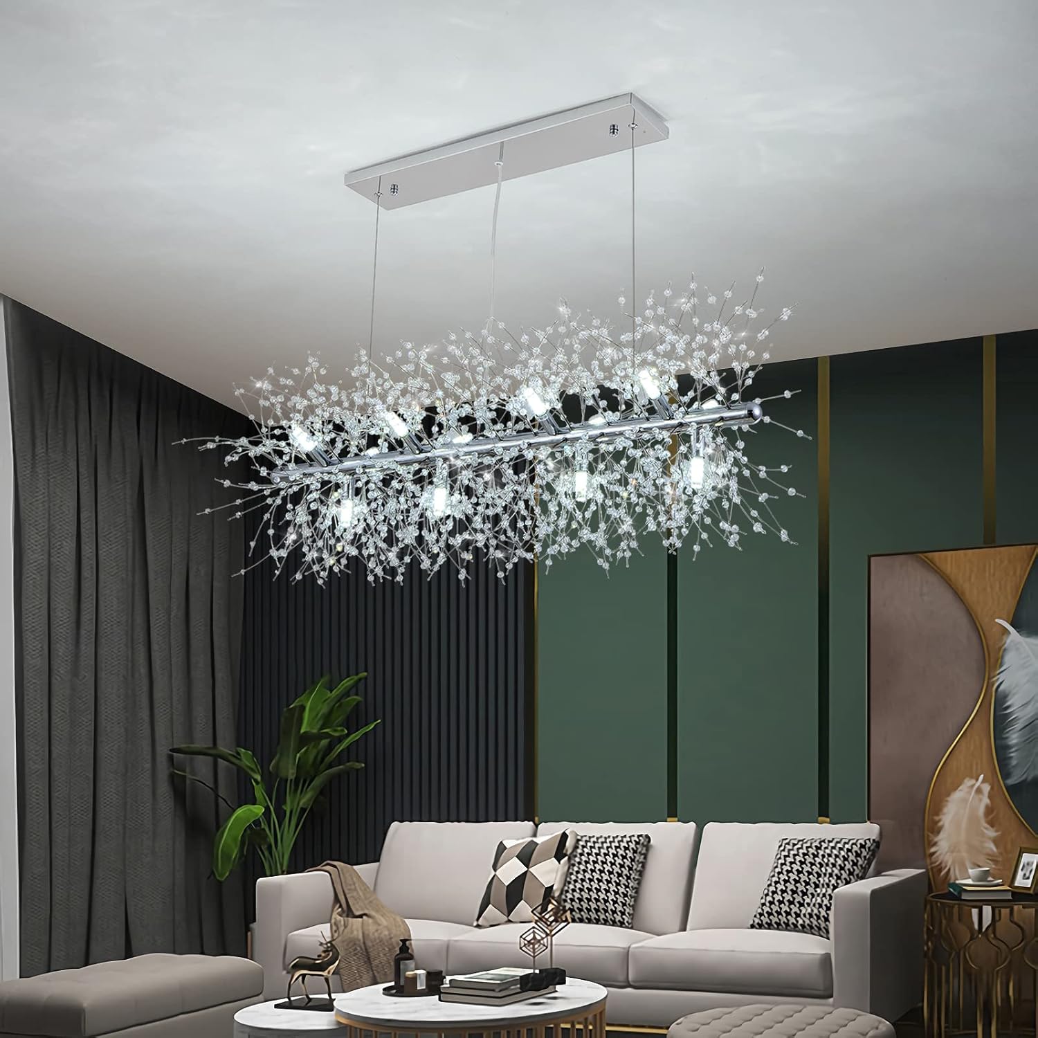 Modern Crystal Chandeliers Firework, 12-Light Dining Room Lighting Fixtures Hanging, Chrome Sputnik Firework Ceiling Light Fixture For Dining Room Living Room Kitchen Island (L 35.5")