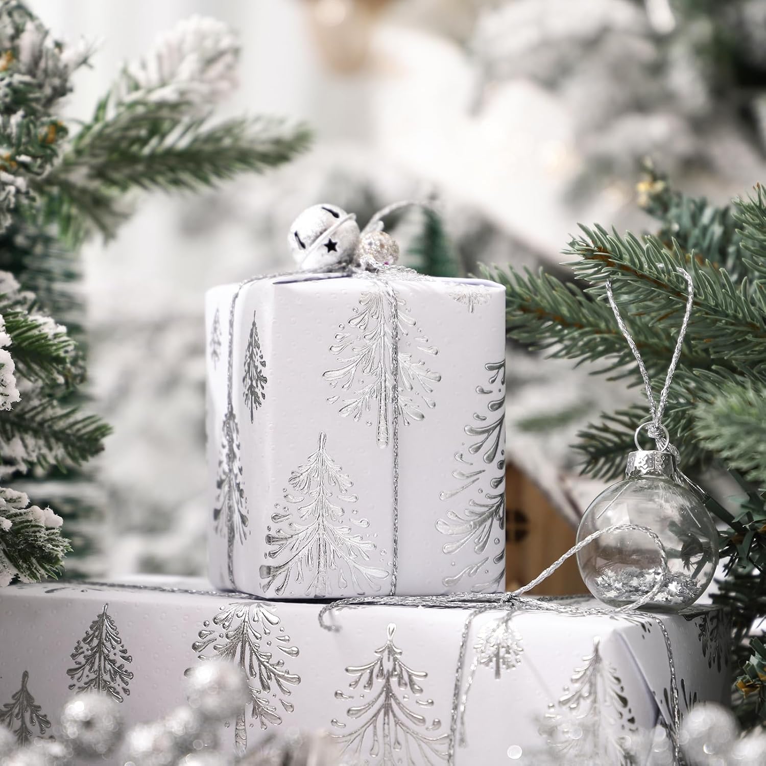 3D Kraft Christmas Wrapping Paper Roll - Mini Roll - 17 Inch X 16.5 Feet - Silver And White Christmas Tree Wrapping Paper With Embossed Perfect For Holiday, Party Celebration