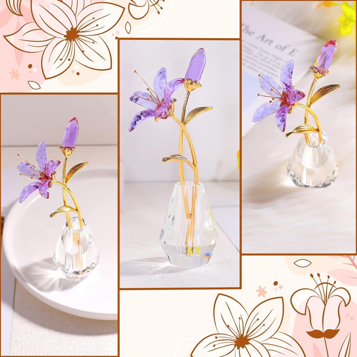 Crystal Tiger Lily Flowers With Crystal Vase Metal Stem Purple Lily Flower Collectible Gifts For Women, Glass Lilium Flower Artificial Floral Figurines For Home Wedding Party Decor