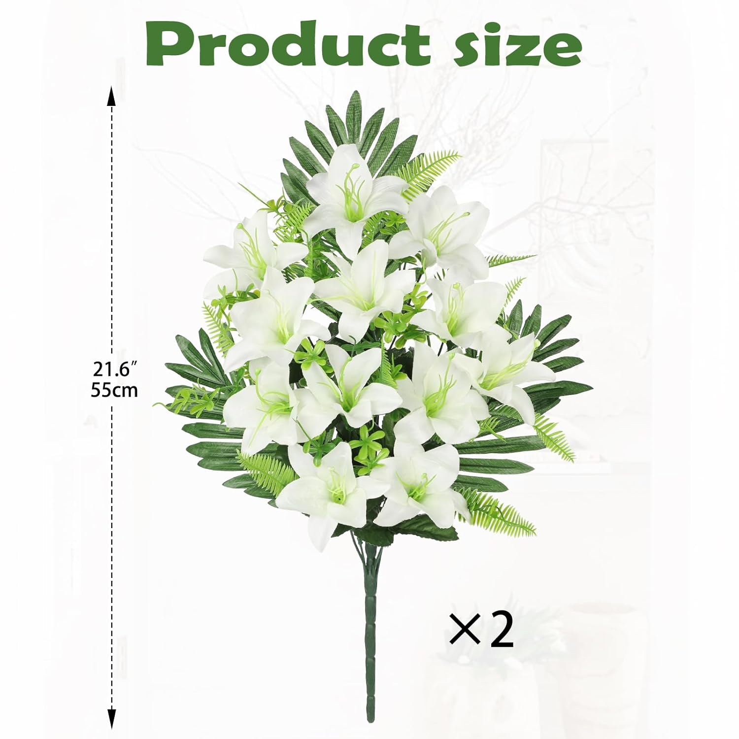 Artificial Cemetery Flowers For Grave, Set Of 2 Silk White Faux Lily Bouquet Flower Outdoor Graveyard Memorial Flowers For Cemetery Headstones Decoration