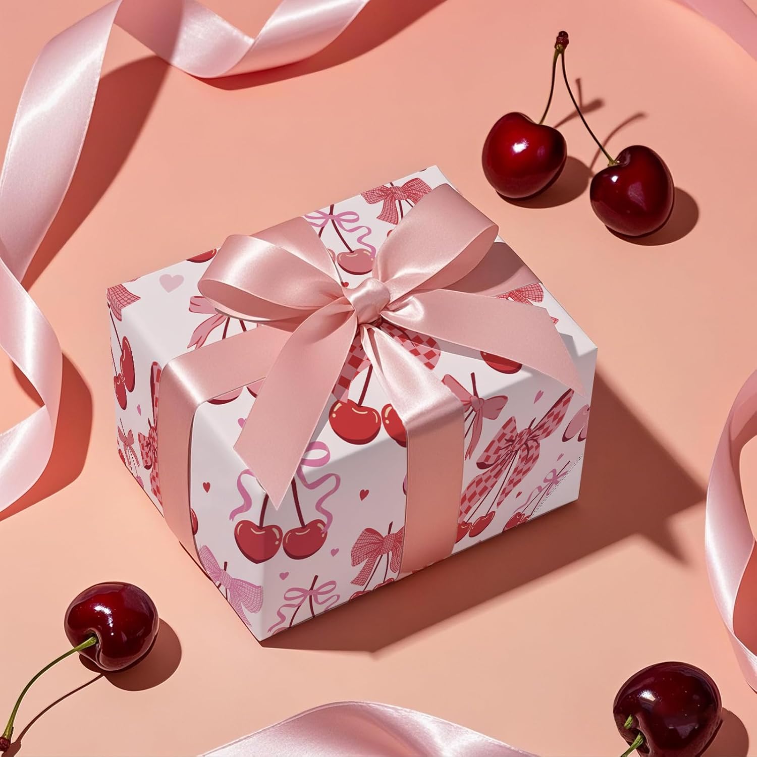 Cherry Bow Wrapping Paper Roll, Valentine Gift Wrap, Pink And Red Wrap Paper For Girl Birthday, Valentine'S Day, Bachelorette, Galentines, 17 Inch X 16.4 Feet