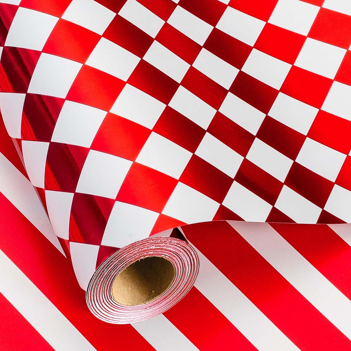 Checkered Wrapping Paper Roll - Red Metallic Foil Diamond & Stripe, Reversible Classic Pattern Gift Wrap For Birthday, Mothers Day, Fathers Day, Wedding, Christmas, Anniversary - Mini Roll - 17 In X 33 Ft