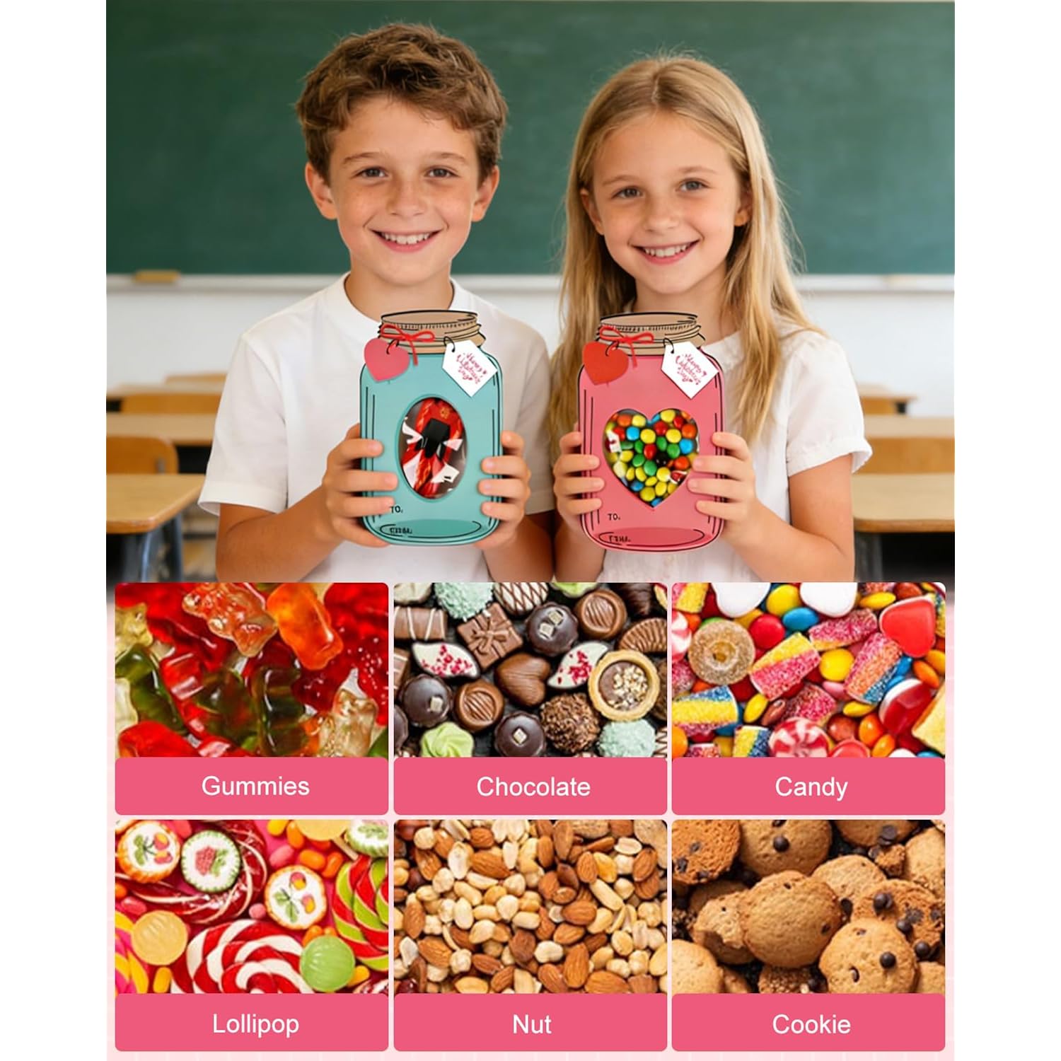 Valentine'S Day Cards For Kids, 50-Pack Classroom Exchange Mason Jar Valentine Cards Bulk, Candy Holder Gift Cards With Treat Bags, Funny Diy Valentines Gifts For Boys Girls School Friends Teacher