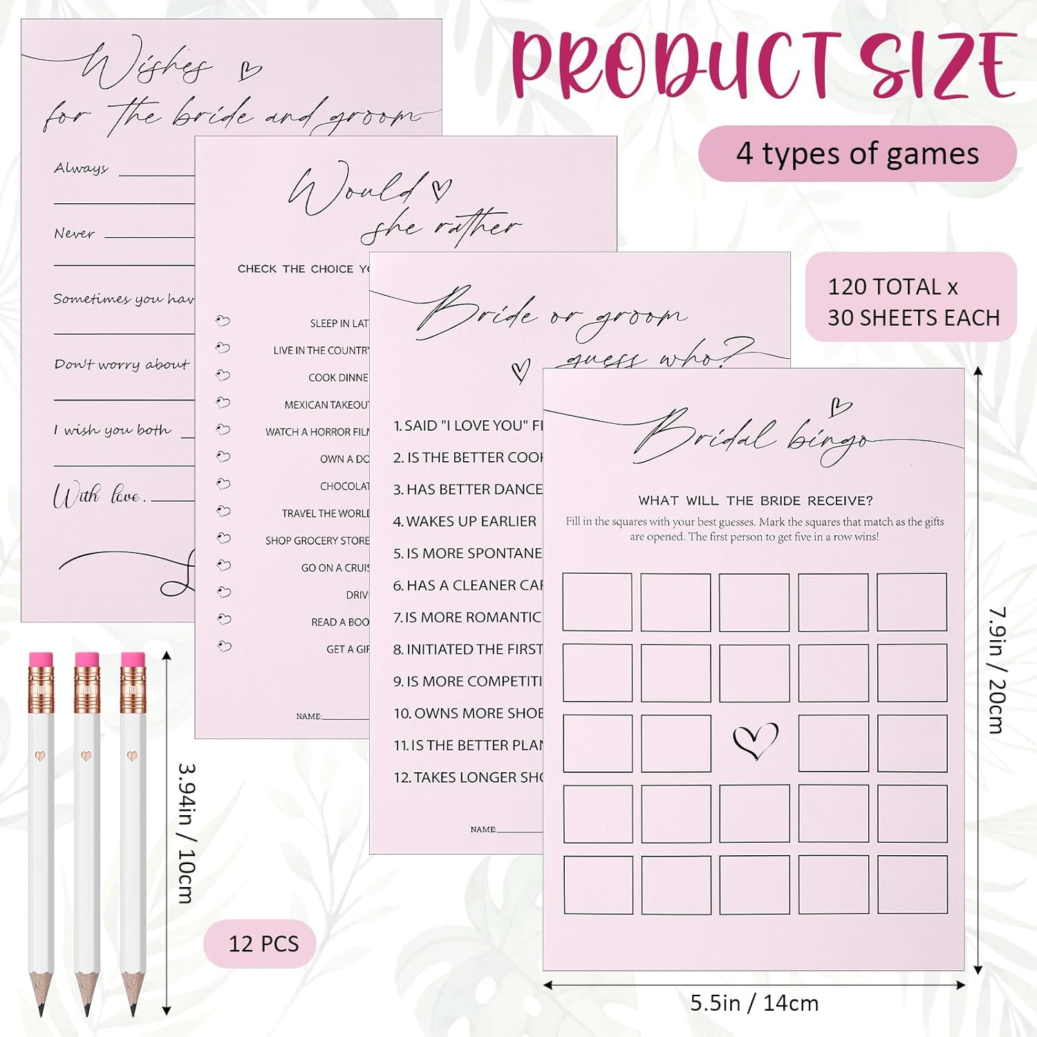 132 Pieces Wedding Shower Games Bridal Shower Favors For 30 Guests Including 120 Wedding Games Cards And 12 Pencils For Bride Groom Bachelorette Party Favor(Light Pink)