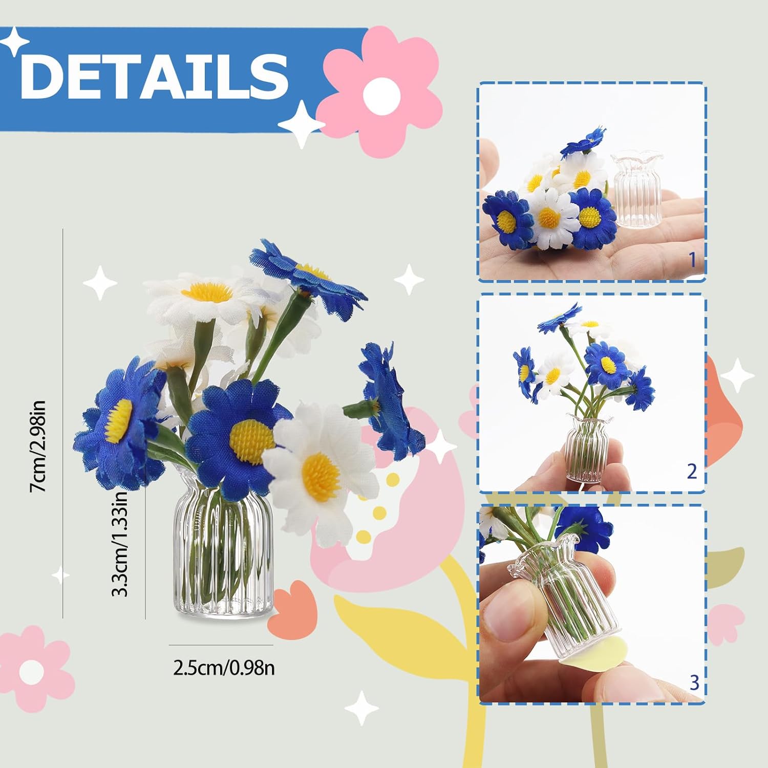 Flower Car Accessories,Artificial Daisy With Mini Glass Vase For Car Dashboard Office Desk Decor,Funny Car And Office Decoration Aesthetics (Blue White)