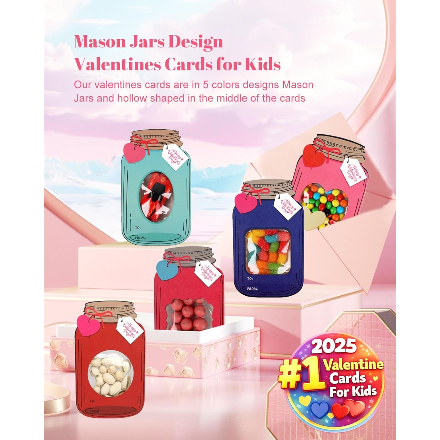 Valentine'S Day Cards For Kids, 50-Pack Classroom Exchange Mason Jar Valentine Cards Bulk, Candy Holder Gift Cards With Treat Bags, Funny Diy Valentines Gifts For Boys Girls School Friends Teacher