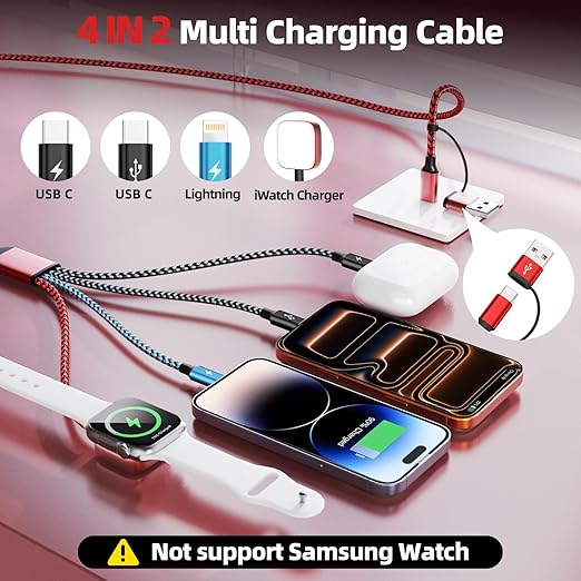 5FT 4 in 2 USB C Multi Charging Cable for iPhone Apple Watch Travel Charger Car Camping
