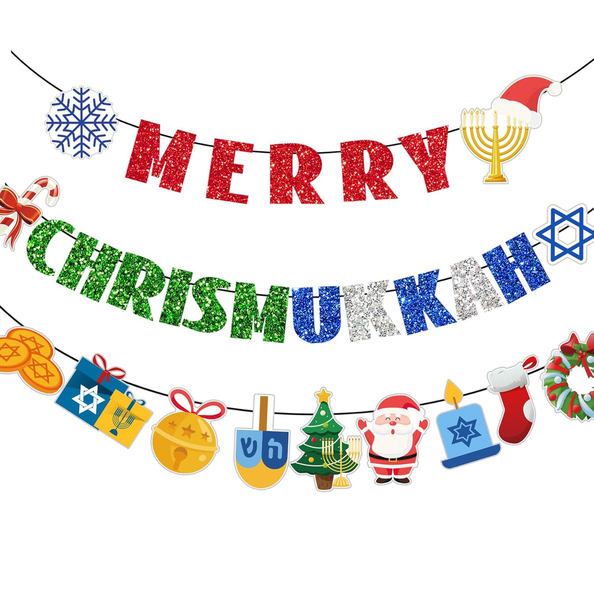 Chrismukkah Decorations Pre-Strung Merry Chrismukkah Banner Hanukkah Decorations Glitter Mixed Hanukkah Christmas Garland For Xmas Party Decorations