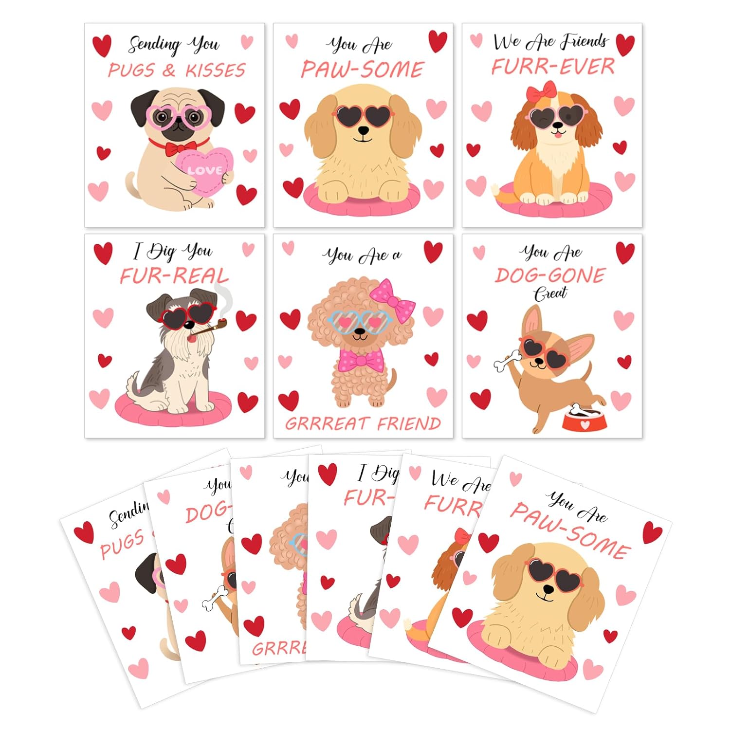 Auch Valentines Cards for Kids Classroom - 30 Pcs Dog Valentine's Day Class School Exchange Greeting Blank Cards (Pink)
