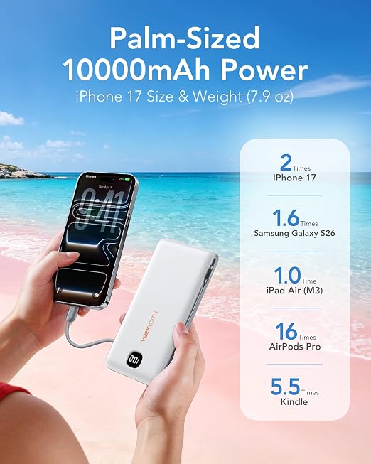 10000mAh Portable Power Bank with Built In Cables and AC Wall Plug Fast Charging Travel Charger