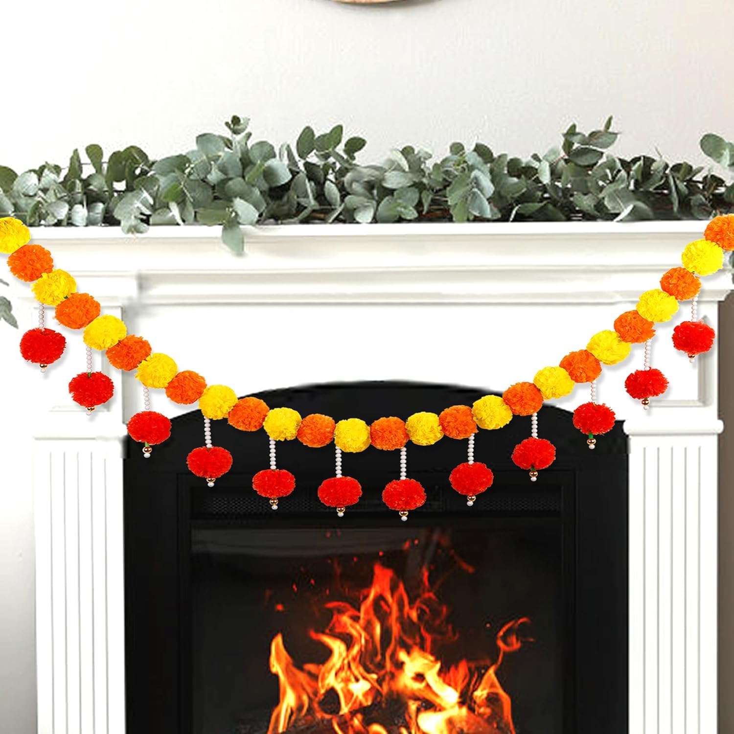 Diwali Artificial Marigold Garland With Pearls For Mantel, Pendant For Home Indian Wedding Party, Long Strands Marigold Flower Hanging For All Year Decoration