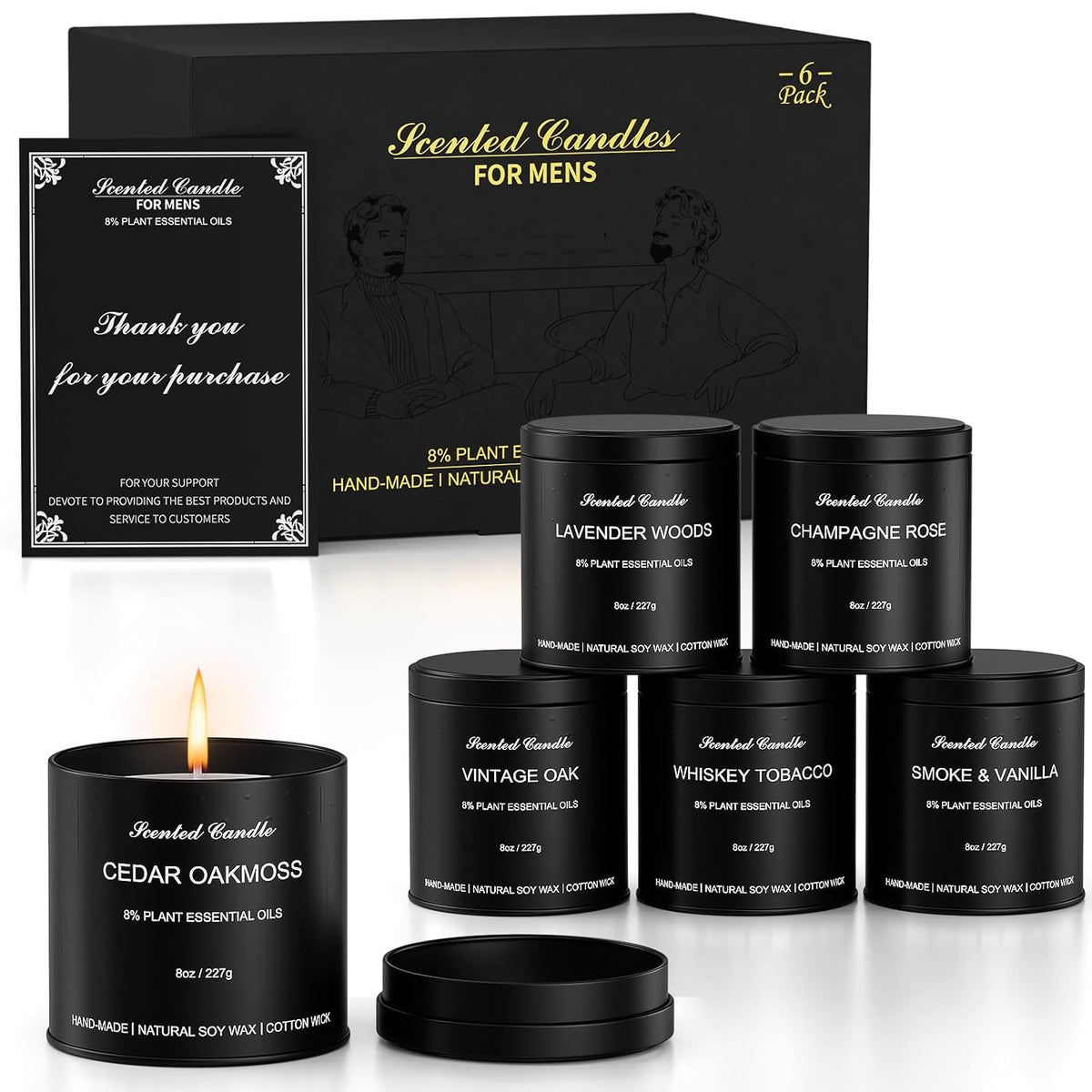 Scented Candles For Men, 6 Pack Soy Candle Set, Masculine Scents With Lavender Woods, Whiskey Tobacco & Cedar Oakmoss, Natural Soy Wax Candle Gift Set For Home, Gifts For Men