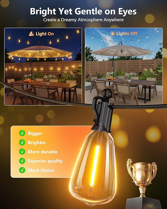 100FT Solar String Lights with Remote 31 Shatterproof LED Bulbs Dimmable Patio Lights