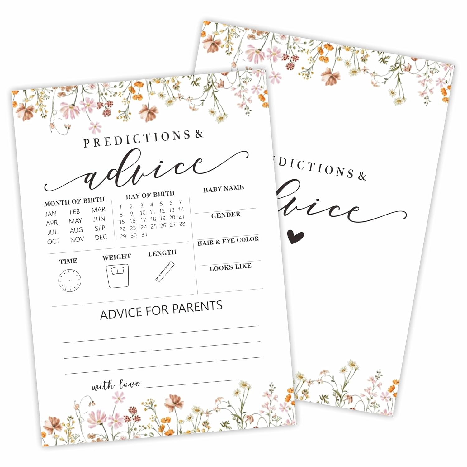 Baby Shower Game Cards, 30 Floral Theme Double-Sided Game Cards For Baby Announcement,Baby Predictions & Advice Game Cards, Spring Flower, Gender Reveal Party Favor, Activity - C05