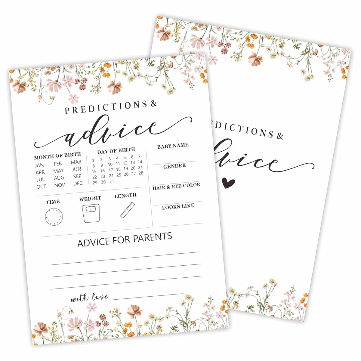 Baby Shower Game Cards, 30 Floral Theme Double-Sided Game Cards For Baby Announcement,Baby Predictions & Advice Game Cards, Spring Flower, Gender Reveal Party Favor, Activity - C05