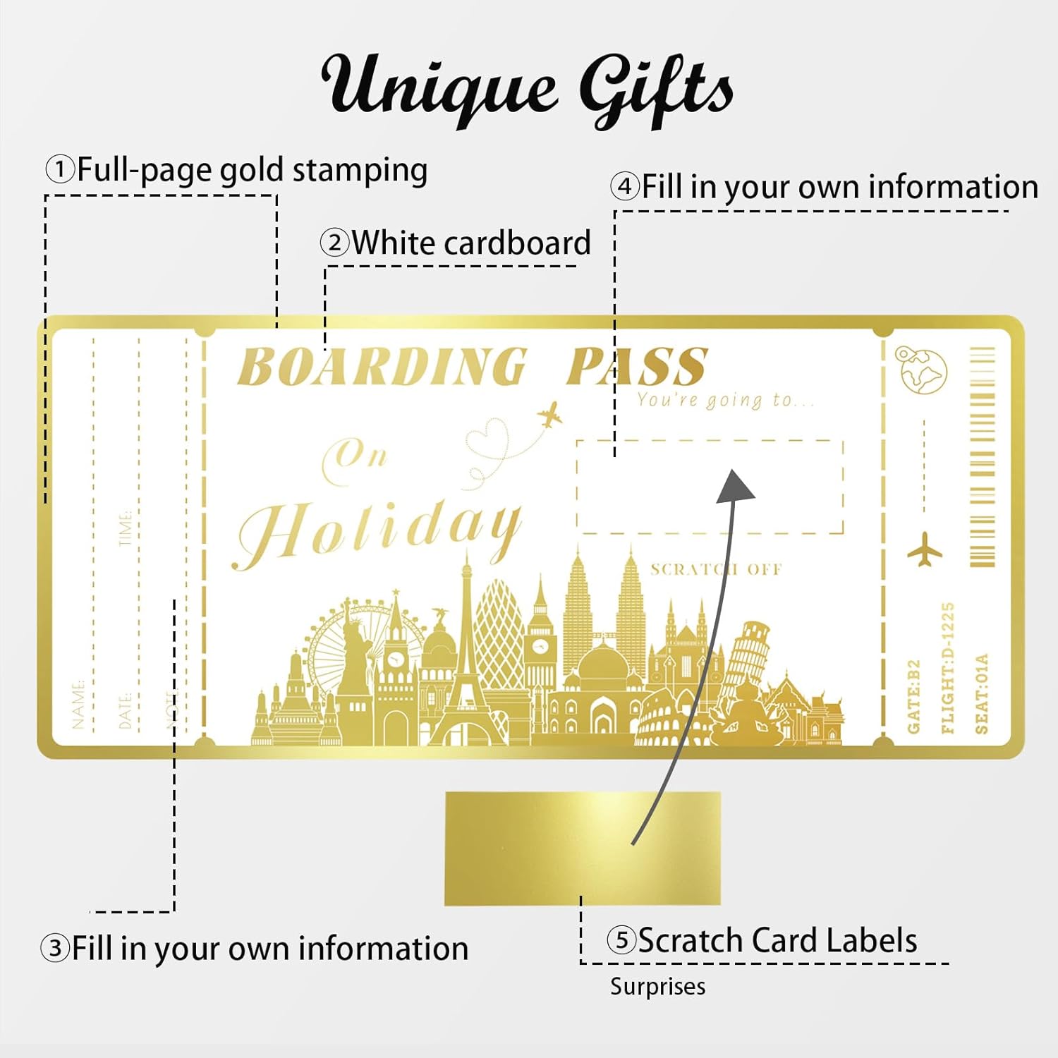 Boarding Pass Gift Ticket, Golden Flight Ticket Scratch-Off Card With Envelope, Unique Plane Ticket Gift, Scratch & Reveal Surprise Airplane Ticket For Vacation, Trip, Birthday, Girlfriends