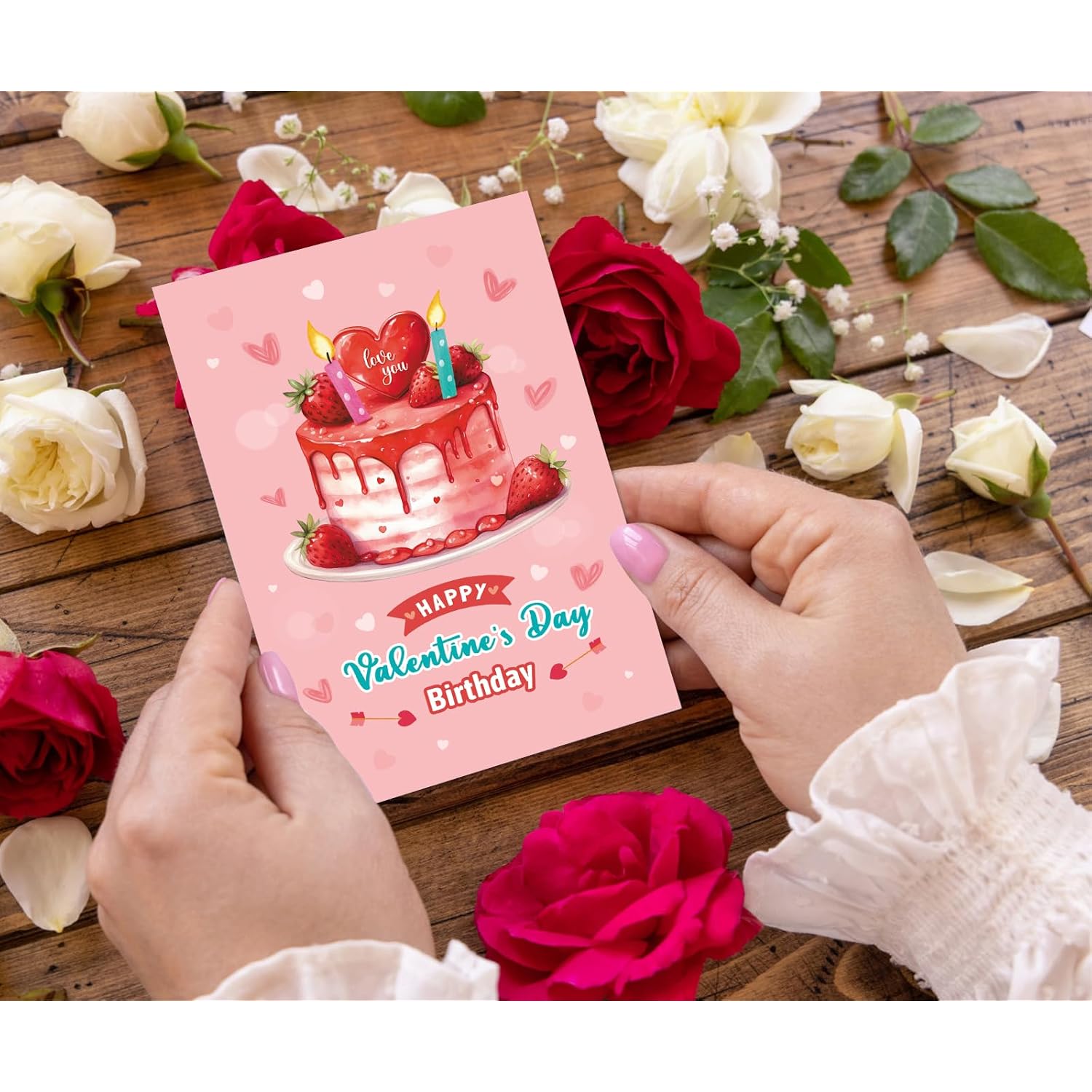 Happy Valentine’S Day Birthday Card With Envelope, Valentines Birthday Gifts Cards For Women, Pink Bday Cake Strawberry Greeting Card For Wife Girlfriend, Unique Valentines Day Gift Idea
