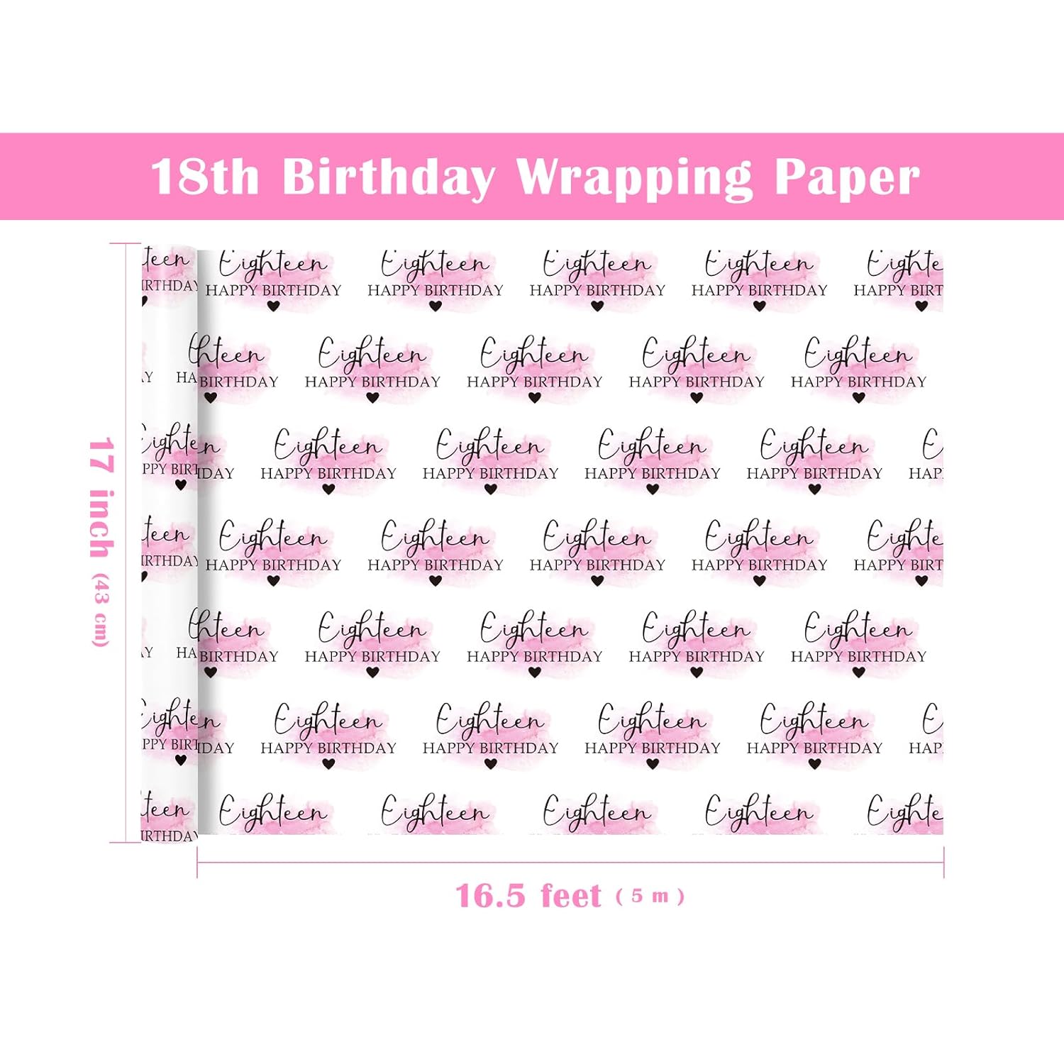 18Th Birthday Wrapping Paper Roll - Mini Roll - 17 Inch X 16.5 Feet - Blusher And Eighteen Happy Birthday Wrapping Paper For Girls Bday, Baby Shower, Party