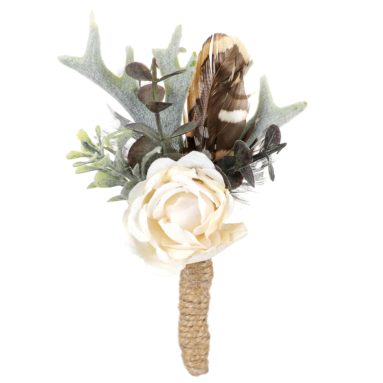Rose Boutonniere For Men - Prom Boutonniere For Wedding Feather Rustic Boutonnieres For Groom Boho Corsage For Groomsmen Anniversary Formal Dinner Party Ceremony Celebration