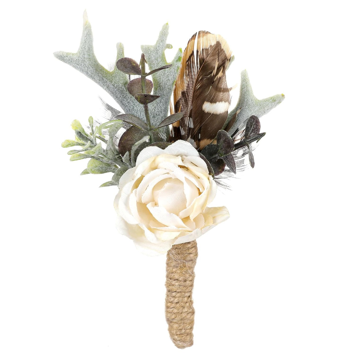 Rose Boutonniere For Men - Prom Boutonniere For Wedding Feather Rustic Boutonnieres For Groom Boho Corsage For Groomsmen Anniversary Formal Dinner Party Ceremony Celebration
