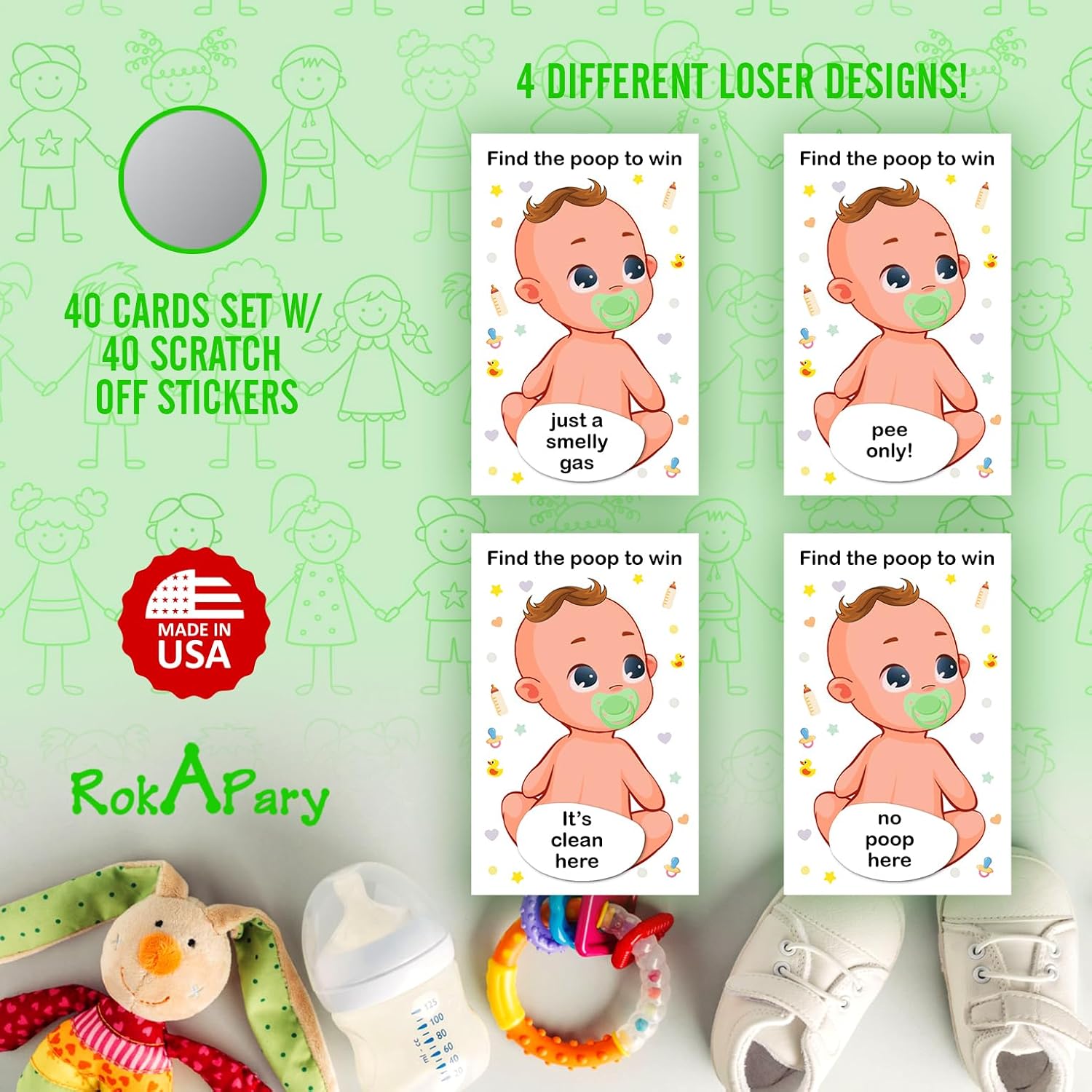 Baby Shower Gender Neutral Scratch Off Poop Game, Easy To Play Silly Games, Funny Idea, Ice Breaker Activity. Raffle Cards, Green Pacifier, Set Of 40 Cards Made In Usa