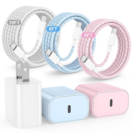 3 Pack 20W USB C Fast Charger with 6 6 10FT Braided Cables for iPhone 17 16 15 iPad