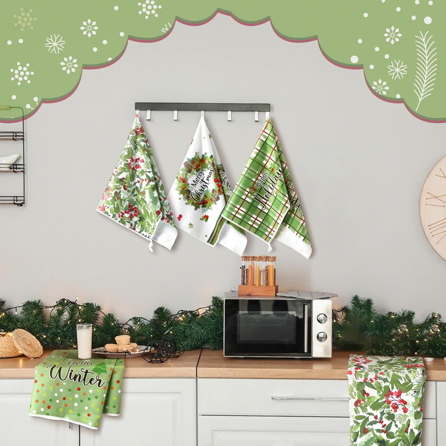 6 Pcs Merry Christmas Kitchen Towels Christmas Wreath Decorative Hand Towels Home Dish Cloth Hello Winter Farmhouse Tea Cloth Kitchen Accessories Bathroom Decor