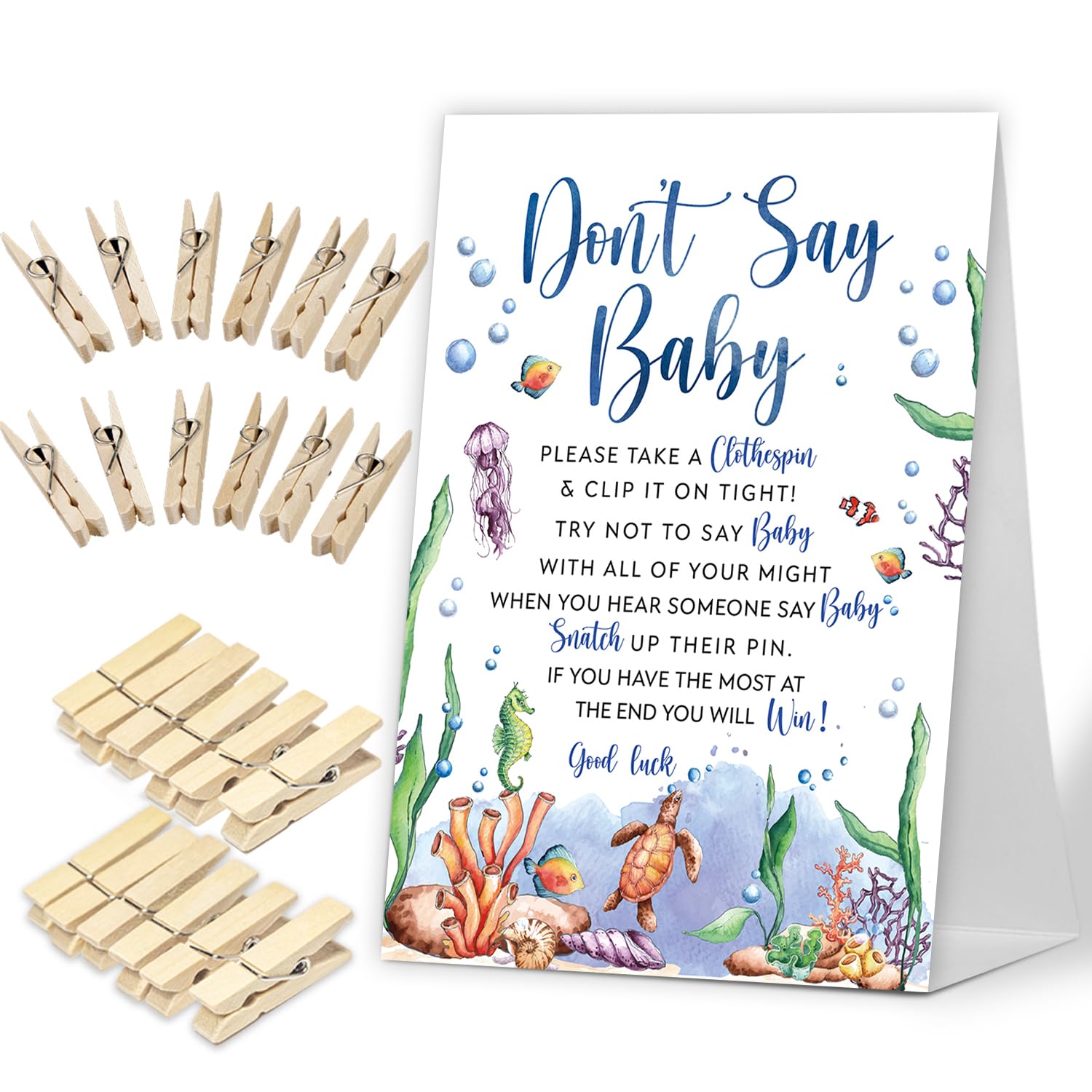 Don'T Say Baby Game, Ocean Under The Sea Baby Shower Game Include Baby Shower Sign And 50 Pcs Mini Clothespins, Gender Neutral Baby Shower Decoration, Party Favors Supplies-Lf32